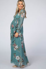 Teal Floral Chiffon Maternity Maxi Dress