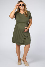 Olive Solid Crochet Trim Maternity Plus Shift Dress