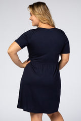 Navy Blue Solid Crochet Trim Maternity Plus Shift Dress