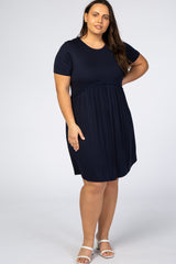 Navy Blue Solid Crochet Trim Maternity Plus Shift Dress