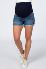 Navy Frayed Hem Maternity Jean Shorts