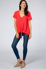 Coral Button Tie Front Top