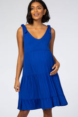 Royal Blue Knotted Strap Tiered Maternity Dress