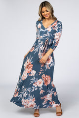 Blue Pink Floral Wrap Maxi Dress