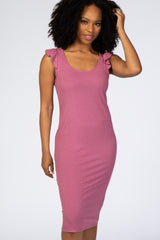 Mauve Flounce Sleeve Ribbed Dress