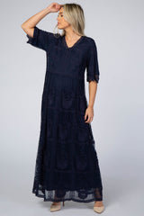 Navy Lace Overlay Maternity Maxi Dress