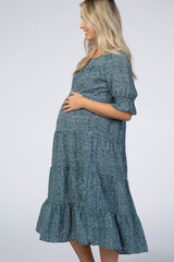Teal Floral Tiered Maternity Midi Dress