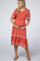 Coral Embroidered Midi Maternity Dress