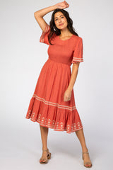 Coral Embroidered Midi Maternity Dress