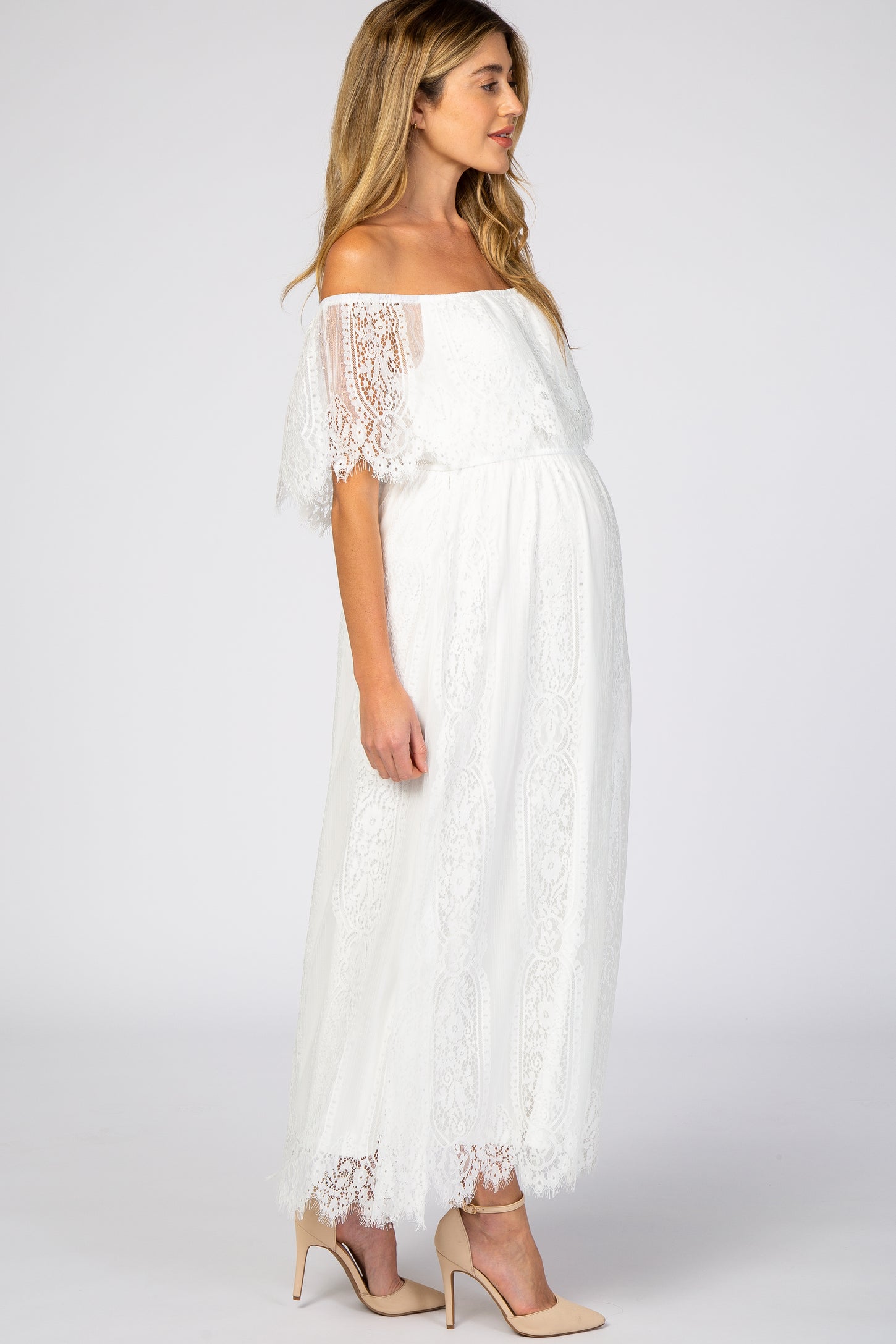 White Lace Off Shoulder Maternity Maxi Dress