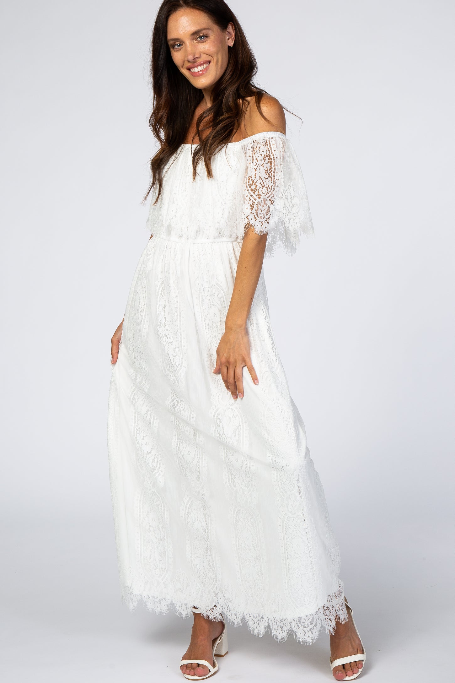 White Lace Off Shoulder Maternity Maxi Dress