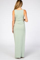 Light Mint Solid Sleeveless Fitted Maternity Maxi Dress