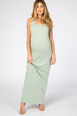 Light Mint Solid Sleeveless Fitted Maternity Maxi Dress