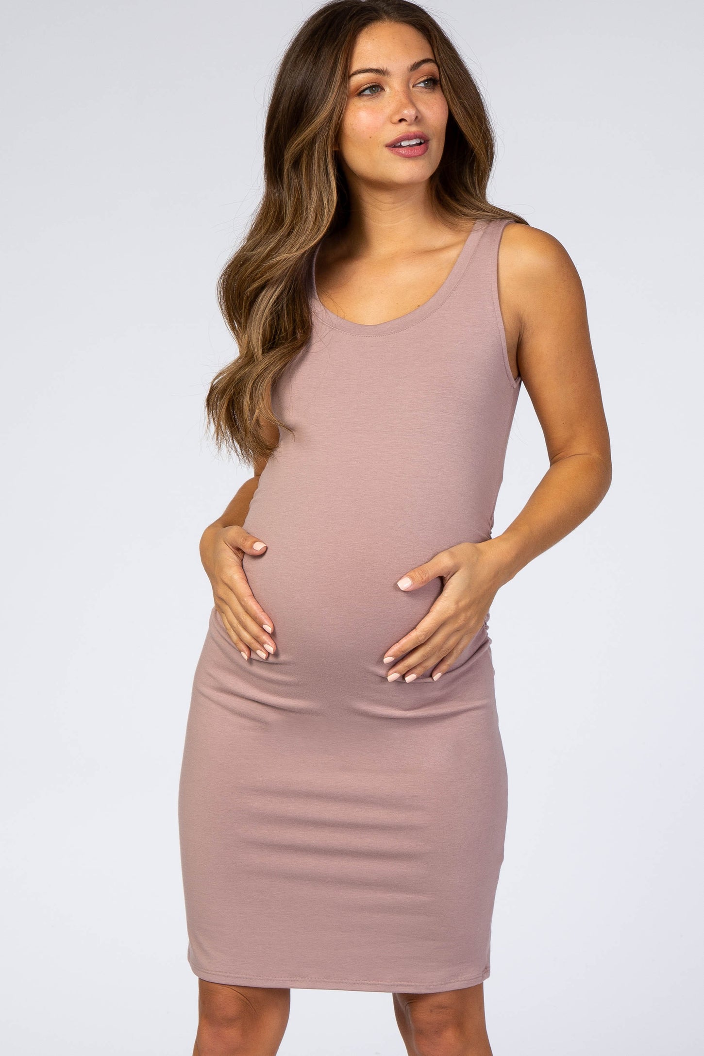 Mauve Sleeveless Ruched Fitted Maternity Dress