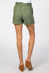 Olive Linen Pleated Front Tie Maternity Shorts