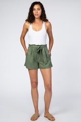 Olive Linen Pleated Front Tie Maternity Shorts