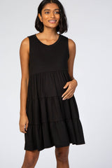 Black Soft Knit Pleated Tiered Sleeveless Maternity Dress