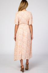 Peach Floral Button Front Smocked Maternity Midi Dress