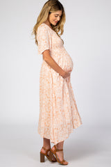 Peach Floral Button Front Smocked Maternity Midi Dress