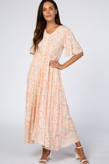 Peach Floral Button Front Smocked Maternity Midi Dress