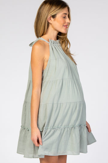 Mint Green Mock Neck Ruffle Tiered Linen Maternity Dress