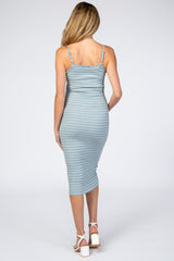 Blue Striped Button Front Fitted Maternity Dress