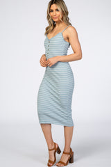 Blue Striped Button Front Fitted Dress