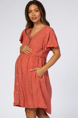 Coral Speckled Button Front Maternity Dress
