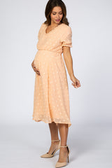 Peach Swiss Dot Ruffle Trim Maternity Dress