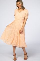 Peach Swiss Dot Ruffle Trim Dress