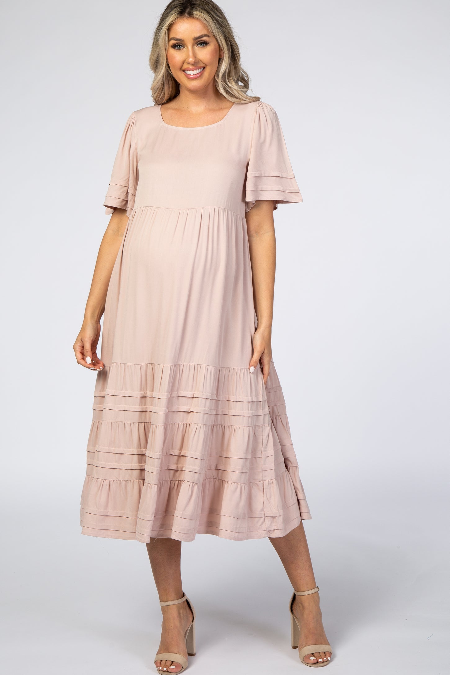 Light Pink Tiered Pintuck Maternity Midi Dress