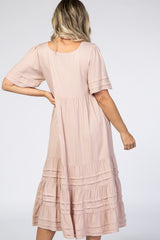 Light Pink Tiered Pintuck Maternity Midi Dress