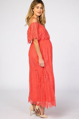 Coral Lace Off Shoulder Maternity Maxi Dress