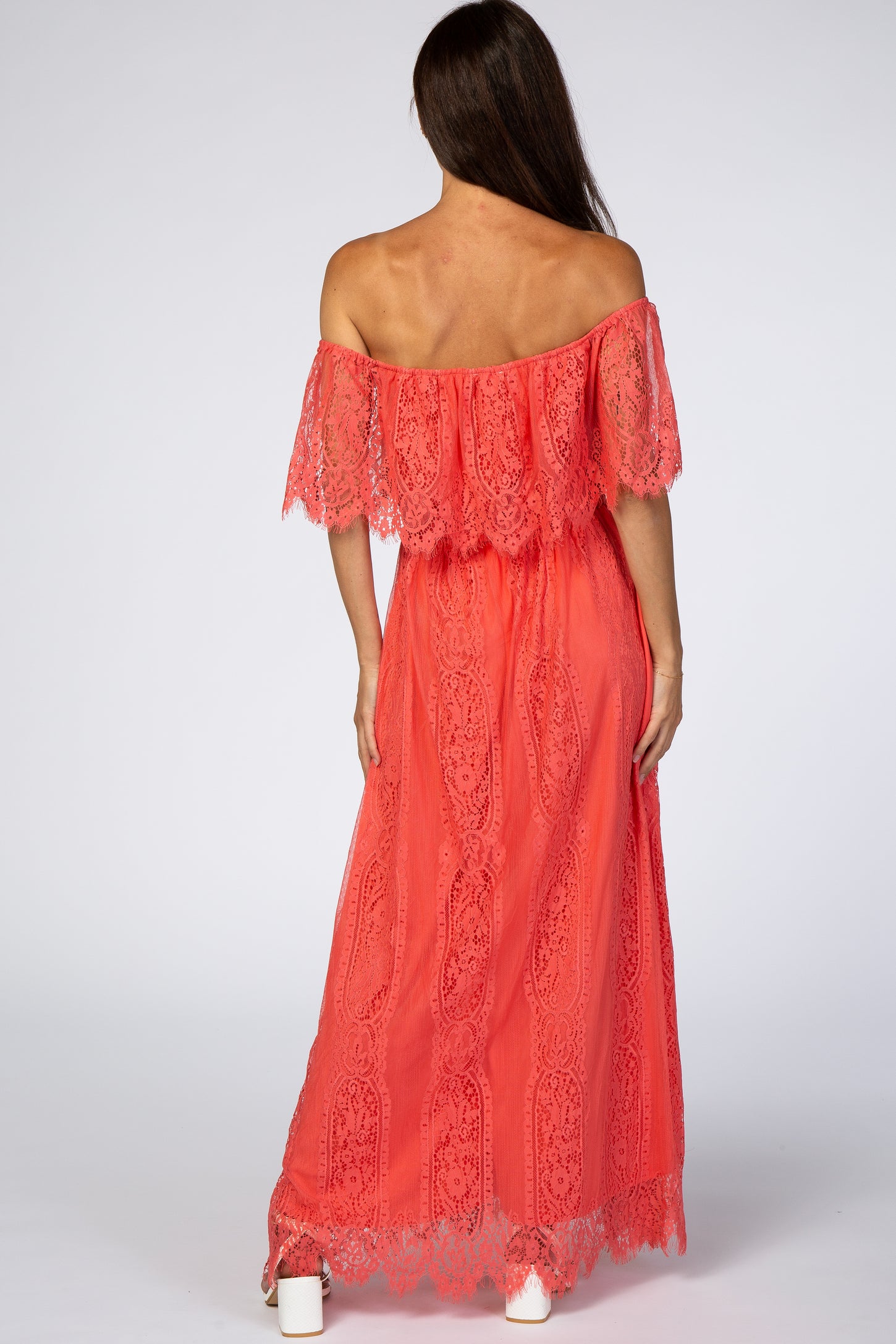 Coral Lace Off Shoulder Maxi Dress