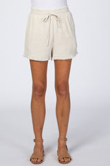 Beige Linen Fringe Hem Drawstring Shorts