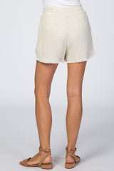 Beige Linen Fringe Hem Drawstring Shorts