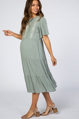 Light Olive Floral Embroidered Tiered Maternity Midi Dress
