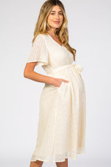 Ivory Textured Chiffon Waist Tie Maternity Midi Dress