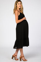 Black Smocked Chiffon Maternity Midi Dress