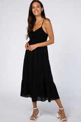 Black Smocked Chiffon Midi Dress