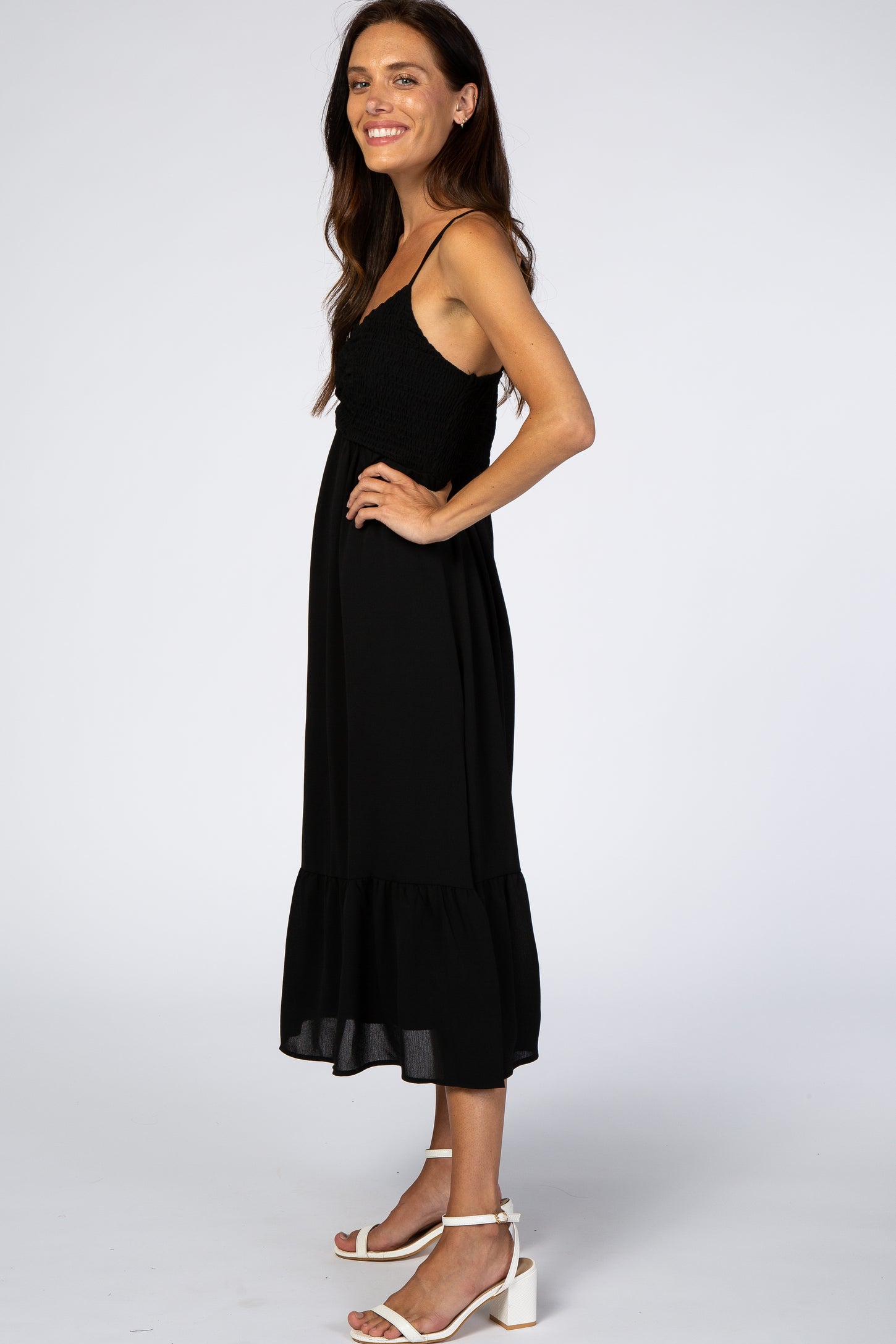 Black Smocked Chiffon Midi Dress