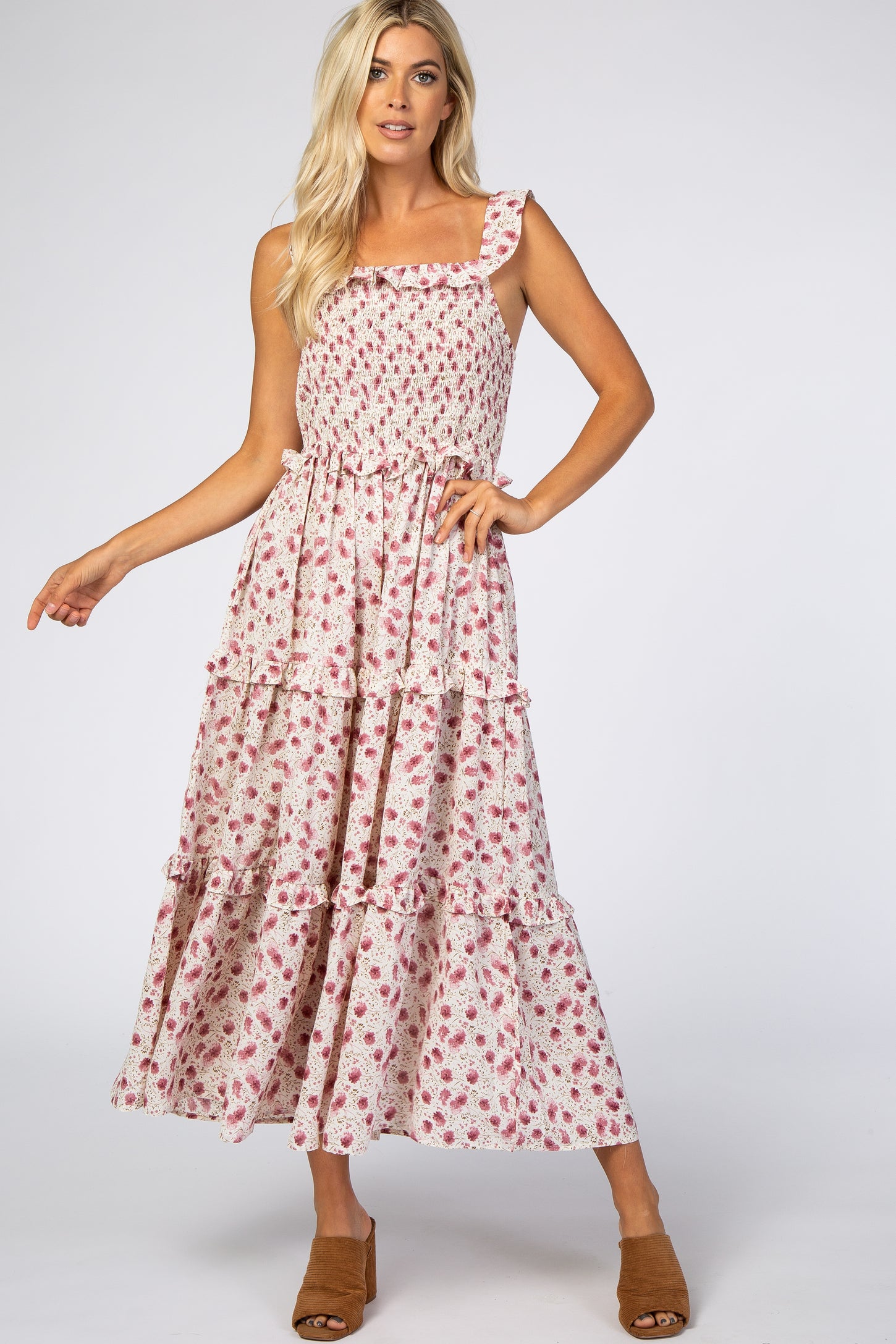 Pink Floral Ruffled Maxi Dress