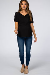 Black V-Neck Maternity Short Sleeve Top