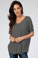 Black Striped V-Neck Short Sleeve Top