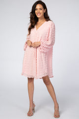 Light Pink Swiss Dot Bubble Sleeve Maternity Dress