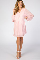 Light Pink Swiss Dot Bubble Sleeve Maternity Dress