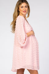 Light Pink Swiss Dot Bubble Sleeve Maternity Dress