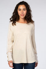 Beige Waffle Knit Long Button Sleeve Top