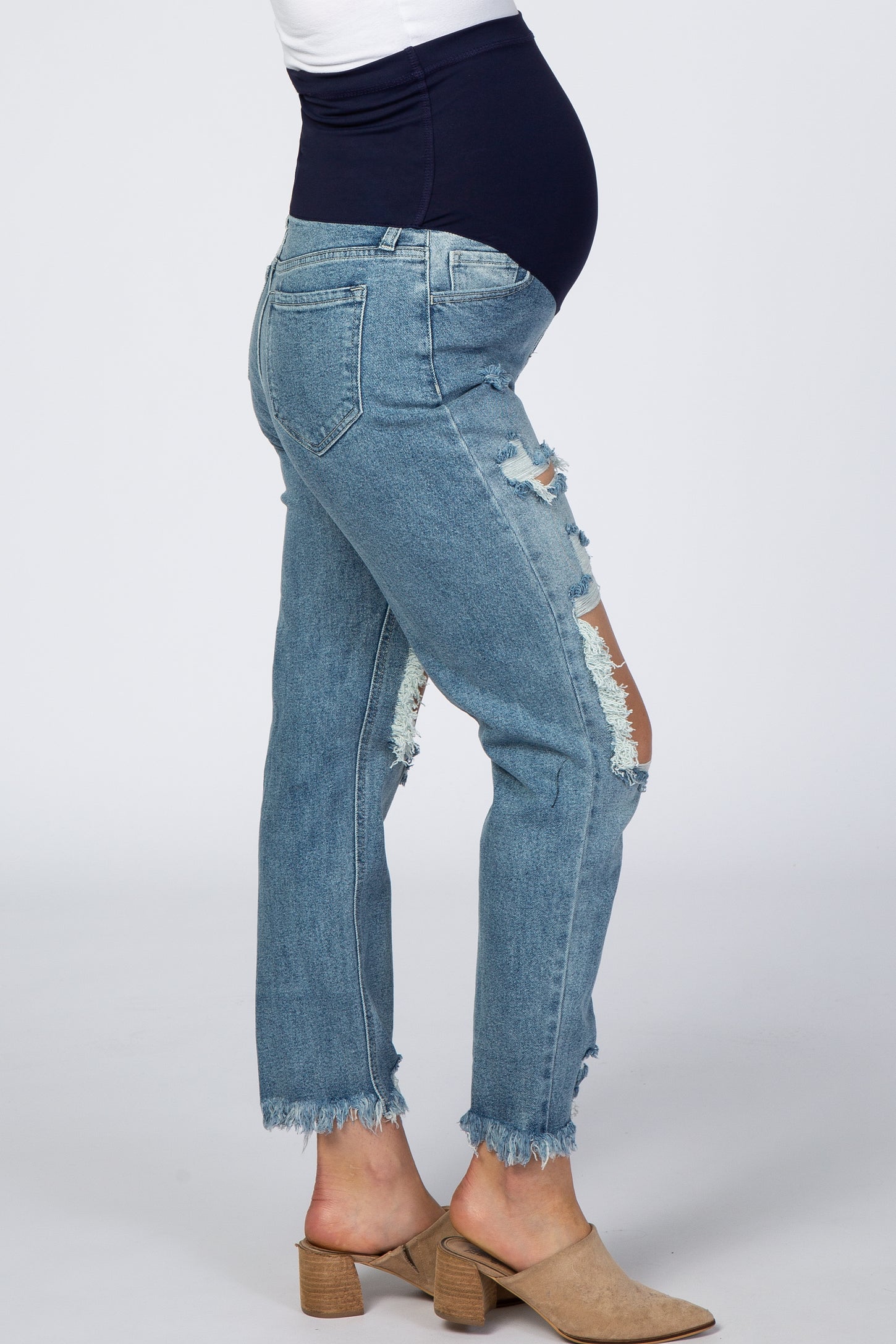 Light Blue Open Knee Distressed Cropped Maternity Jeans