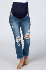 Medium Wash Distressed Frayed Hem Maternity Jeans